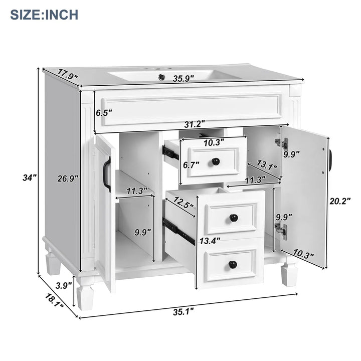 36'' Bathroom Vanity with Top Sink, Royal Blue Mirror Cabinet, Modern Bathroom Storage Cabinet with 2 Soft Closing Doors and 2 Drawers, Single Sink Bathroom Vanity
