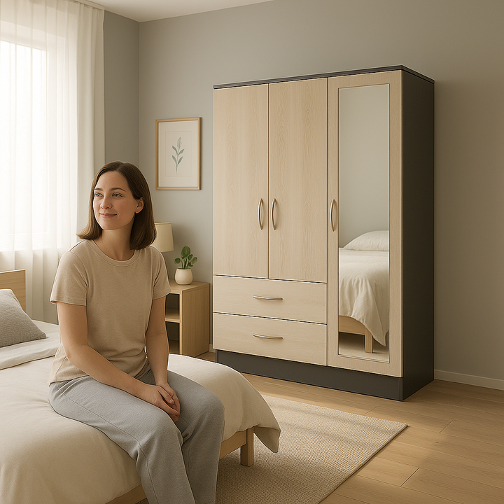 modern Black Rock Mirrored Armoire - Elegant 2-Drawer Wardrobe with Full-Length Mirror & Dual Storage