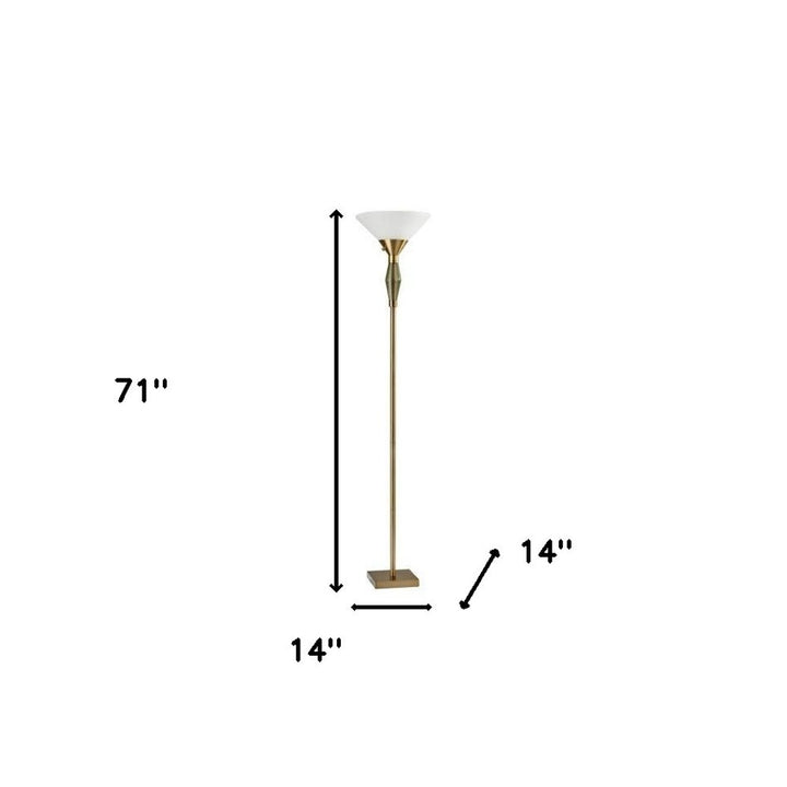 71" Brass Light Changing Torchiere Floor Lamp With White Fabric Cone Shade