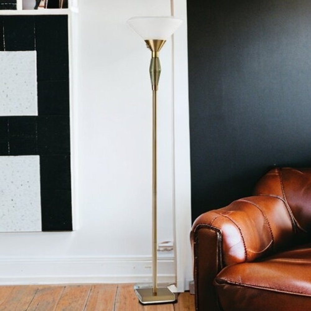 71" Brass Light Changing Torchiere Floor Lamp With White Fabric Cone Shade