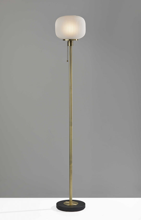 65" Brass Torchiere Floor Lamp With White Acrylic Globe Shade