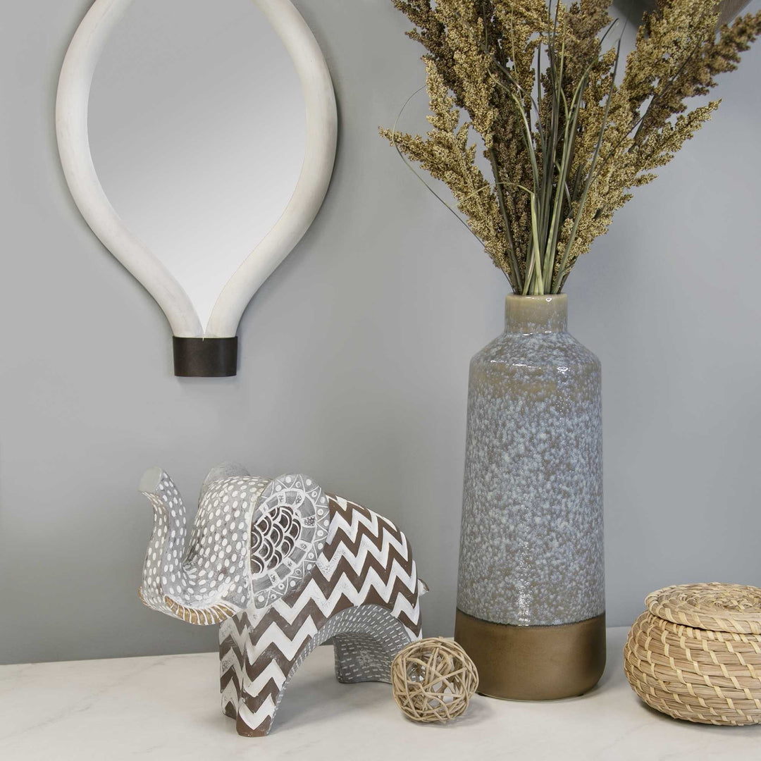 Premium 8" Brown Gray and White Resin Elephant Tabletop Sculpture - Handcrafted Bohemian Décor with Tribal Inspiration