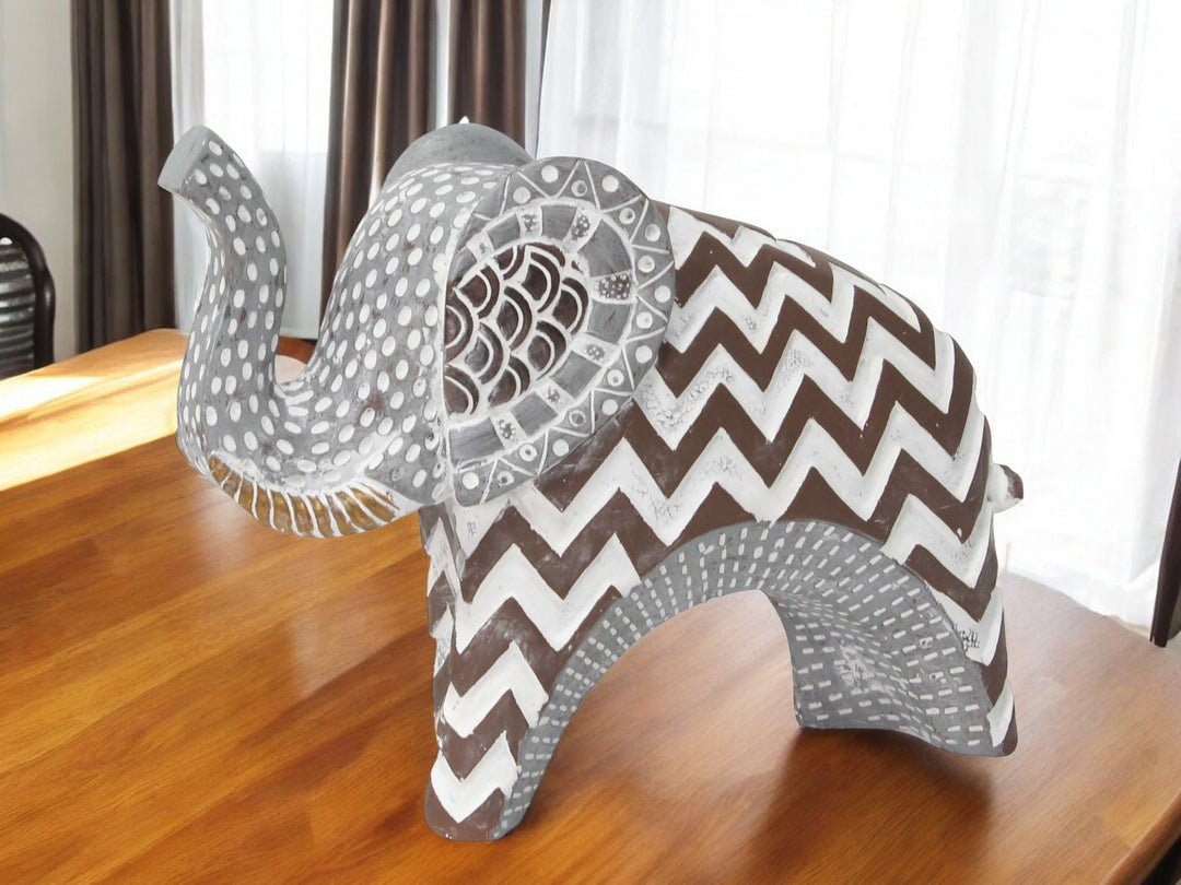 Premium 8" Brown Gray and White Resin Elephant Tabletop Sculpture - Handcrafted Bohemian Décor with Tribal Inspiration
