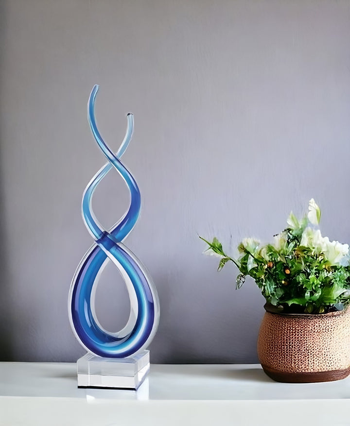 Premium 20" Clear and Blue Murano Glass Modern Abstract Tabletop Sculpture - Contemporary Artisan-Crafted Decorative Accent