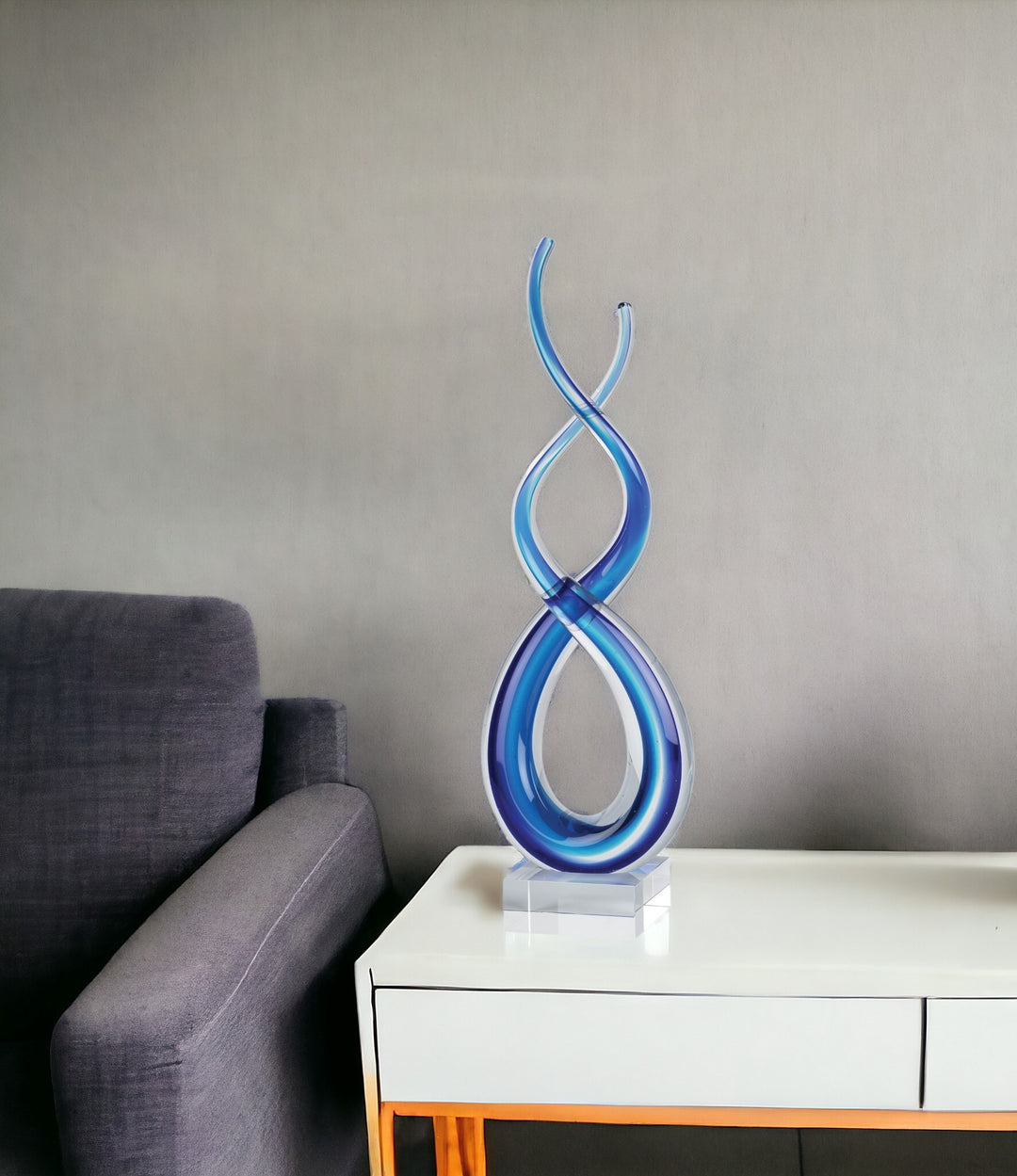 Premium 11" Clear and Blue Murano Glass Modern Abstract Tabletop Sculpture - Contemporary Artisan-Crafted Decorative Accent