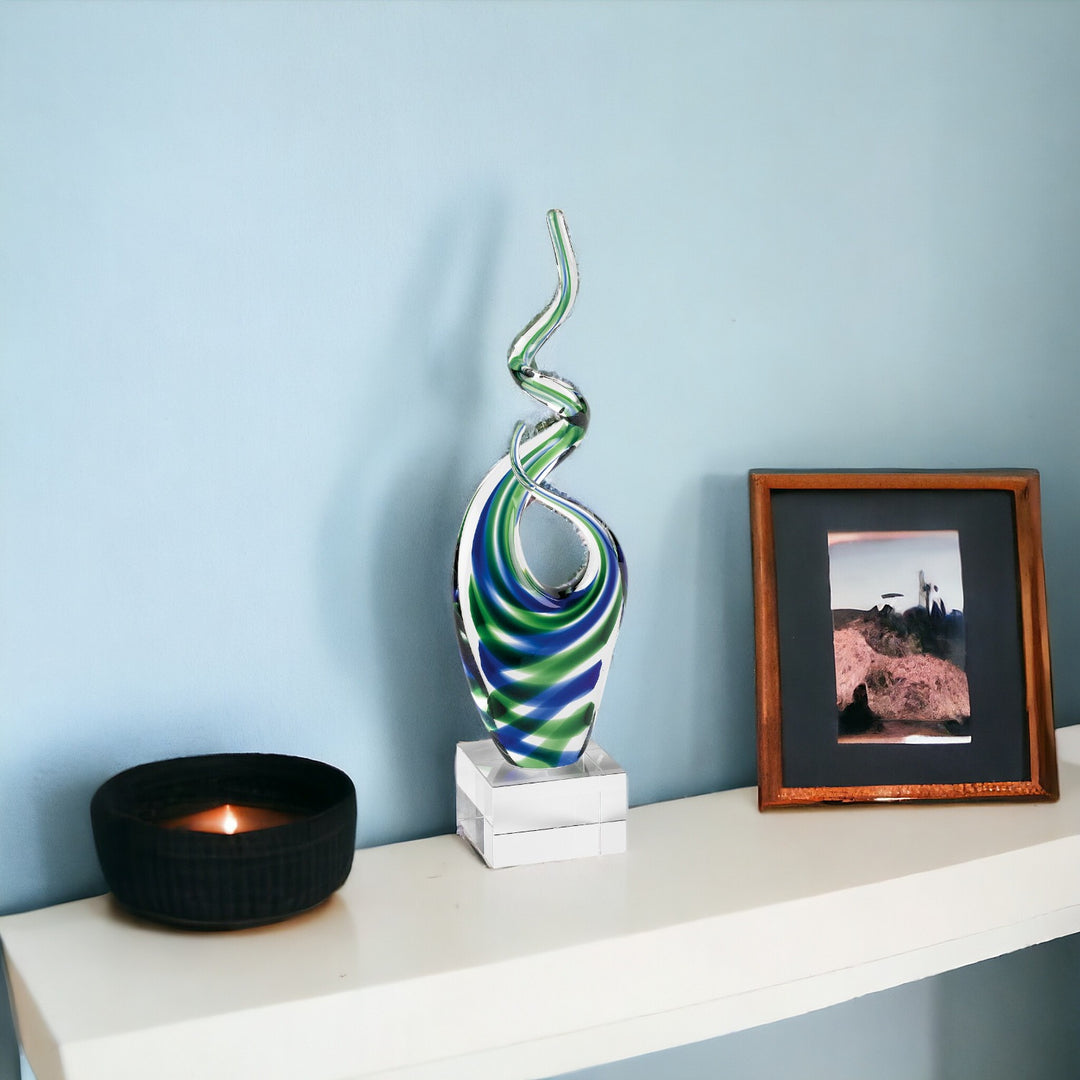 Premium 14" Clear Blue and Green Murano Glass Modern Abstract Tabletop Sculpture - Contemporary Artisan-Crafted Decorative Accent orary Artisan-Crafted Decorative Accent