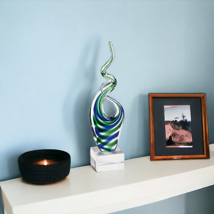 Premium 14" Clear Blue and Green Murano Glass Modern Abstract Tabletop Sculpture - Contemporary Artisan-Crafted Decorative Accent orary Artisan-Crafted Decorative Accent