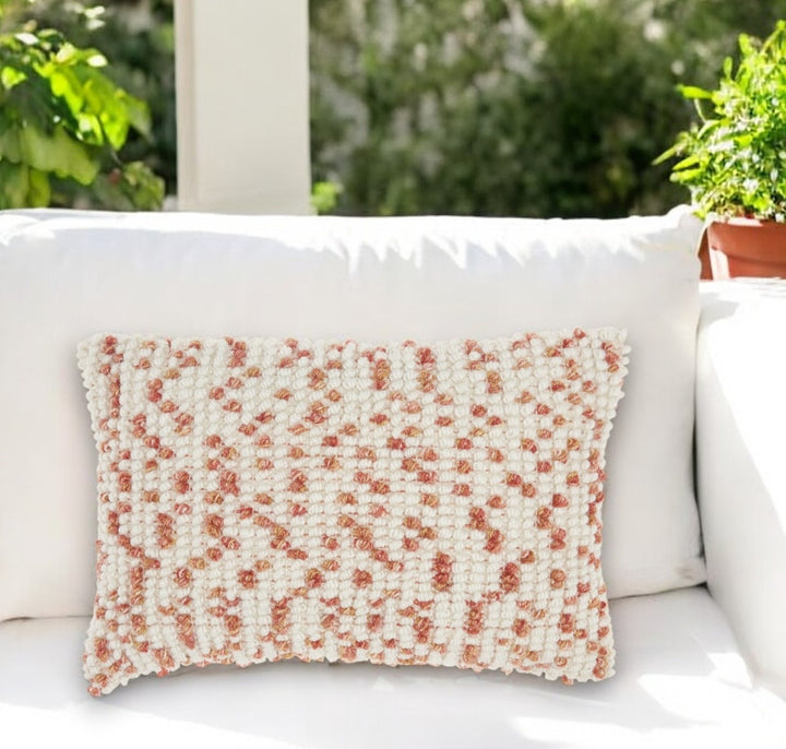 Premium 14" X 20" Coral and Beige Ribbed Indoor Outdoor Throw Pillow With Texture - Transitional Lumbar Support Design