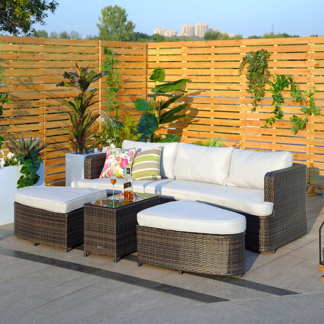 Premium 4-Piece Wicker Daybed Set - Brown Outdoor Patio Furniture with Glass Table, 2 Ottomans & Ultra-Thick Cushions for Ultimate Comfort