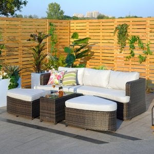 Premium 4-Piece Wicker Daybed Set - Brown Outdoor Patio Furniture with Glass Table, 2 Ottomans & Ultra-Thick Cushions for Ultimate Comfort