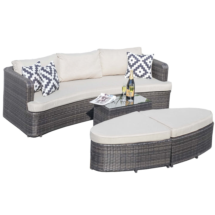 Premium 4-Piece Wicker Daybed Set - Brown Outdoor Patio Furniture with Glass Table, 2 Ottomans & Ultra-Thick Cushions for Ultimate Comfort