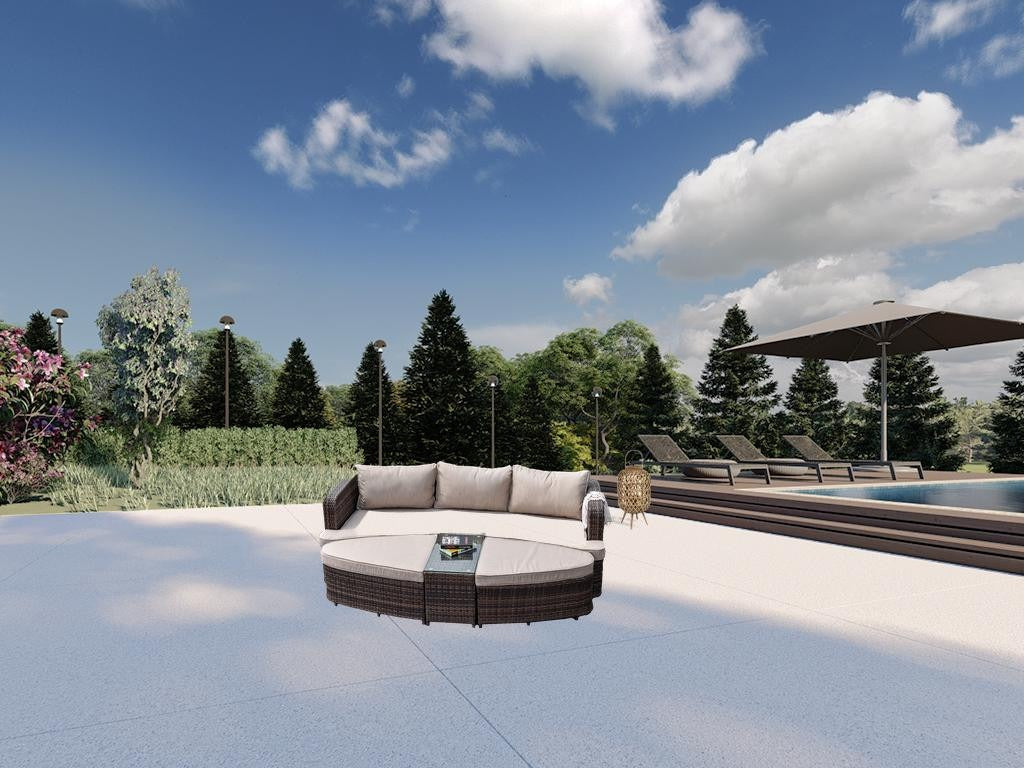 Premium 4-Piece Wicker Daybed Set - Brown Outdoor Patio Furniture with Glass Table, 2 Ottomans & Ultra-Thick Cushions for Ultimate Comfort