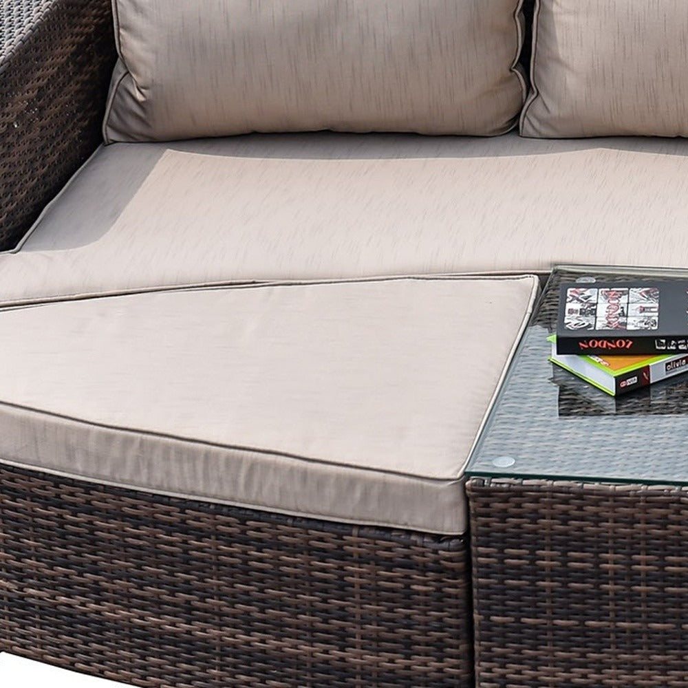 Premium 4-Piece Wicker Daybed Set - Brown Outdoor Patio Furniture with Glass Table, 2 Ottomans & Ultra-Thick Cushions for Ultimate Comfort