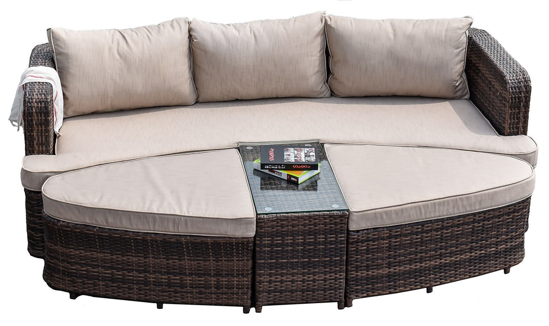 Premium 4-Piece Wicker Daybed Set - Brown Outdoor Patio Furniture with Glass Table, 2 Ottomans & Ultra-Thick Cushions for Ultimate Comfort