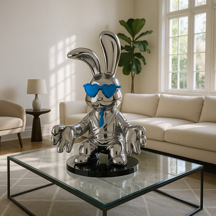 Exclusive Sitting Rabbit with Blue Tie and Glasses Chrome Sculpture - Premium 25" Meditation Art Collection
