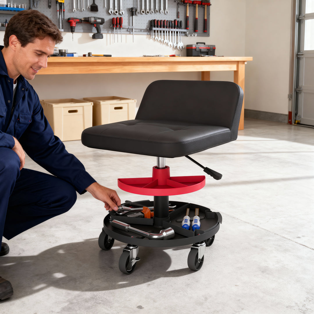 HOMCOM Rolling Creeper Garage Stool, 300 LBS Capacity Mechanic Stool with 360° Wheels, Tool Tray, Adjustable Height, Black
