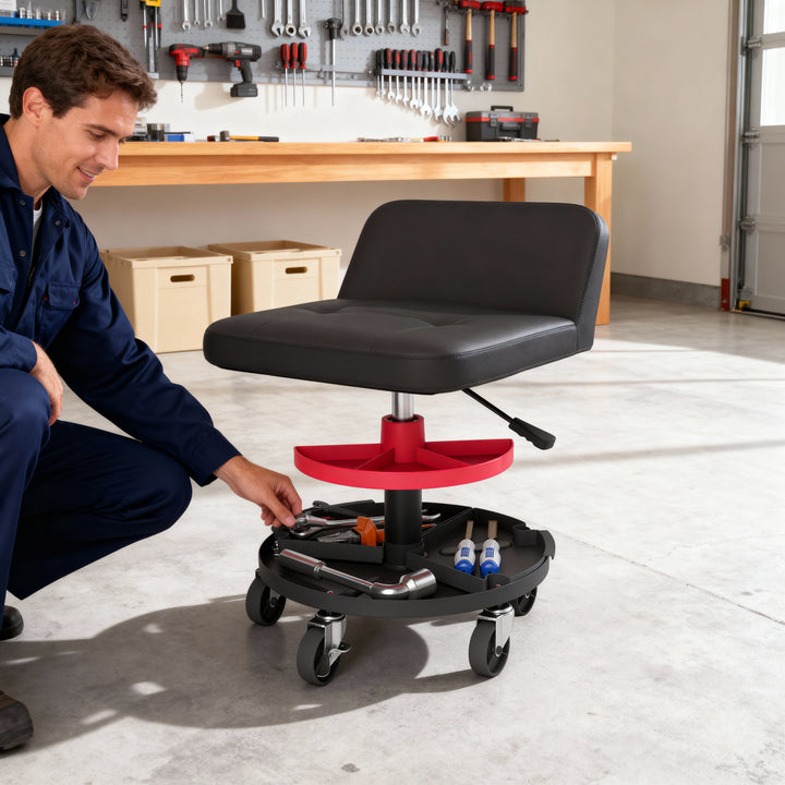 HOMCOM Rolling Creeper Garage Stool, 300 LBS Capacity Mechanic Stool with 360° Wheels, Tool Tray, Adjustable Height, Black