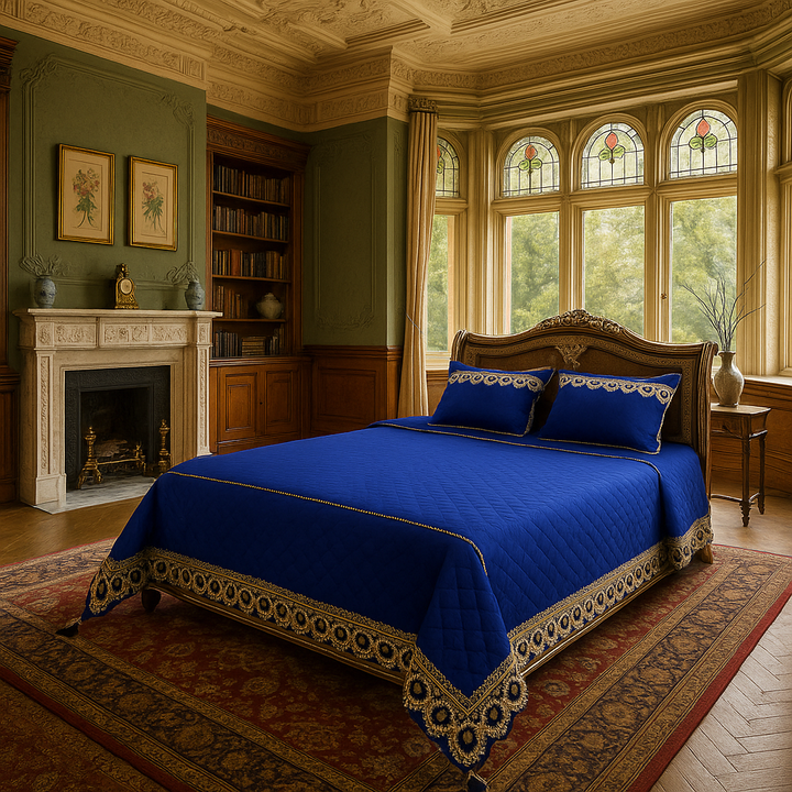 Luxurious 5-Piece European Noble Bedding Collection - Blue Bamboo Fiber Bedspread Set with Lace Edges & Tassel Details