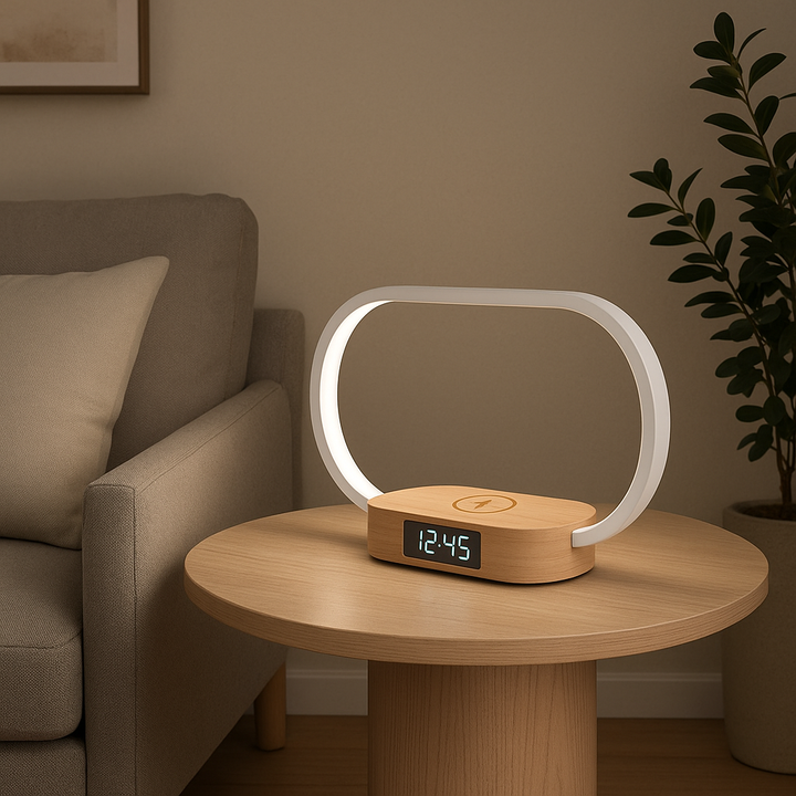 SyncLite Touch Bedside Lamp – Clock, Wireless Charger & Dimmable LED Nightstand Light