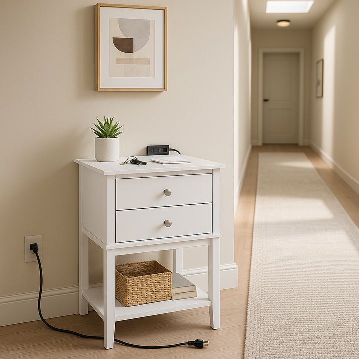 TechStation Pro 28" White Nightstand with Smart Charging Station – 2-Drawer Bedside Table with USB Ports