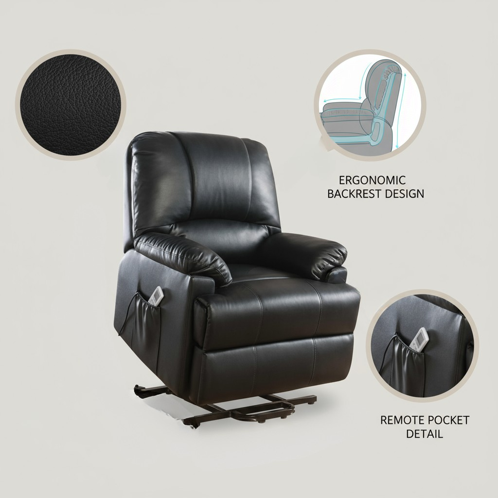 34" Black Faux Leather Power Massage Lift Assist Recliner