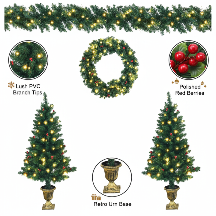 4 Pieces Christmas Decoration Set with Garland Wreath and Entrance Trees