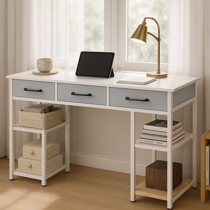 StorEase 47" White Compact Desk with Fabric Drawers & Adjustable Shelves