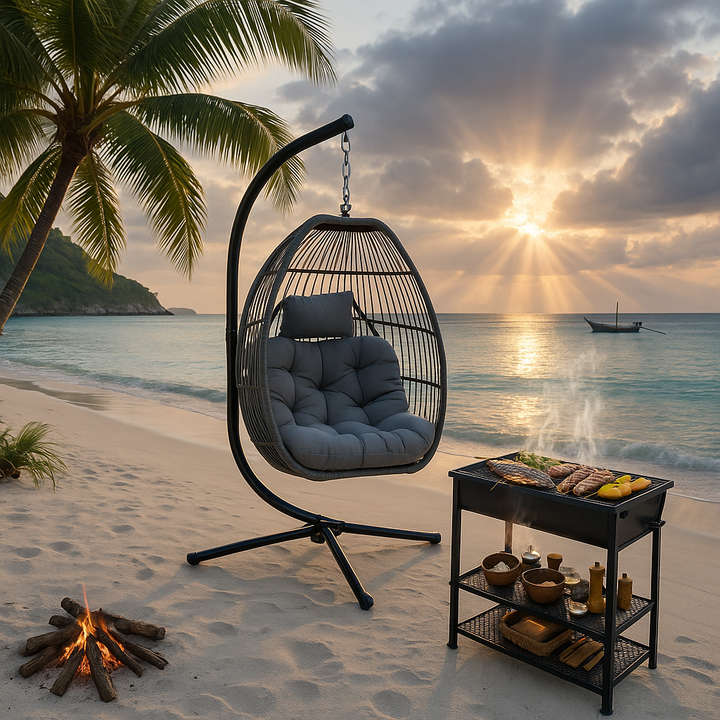 Folding Hanging Egg Chair Gray - Outdoor Wicker Swing with Steel Stand, Comfort Cushion & Space-Saving Design