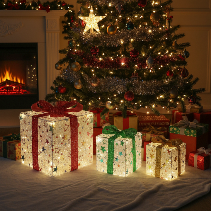 Set of 3 Christmas Lighted Gift Boxes Xmas Present Ornament 50 LED Christmas Box Decorations with Ribbon Bows IP44 Waterproof Battery Powered for Indoor Outdoor Decor