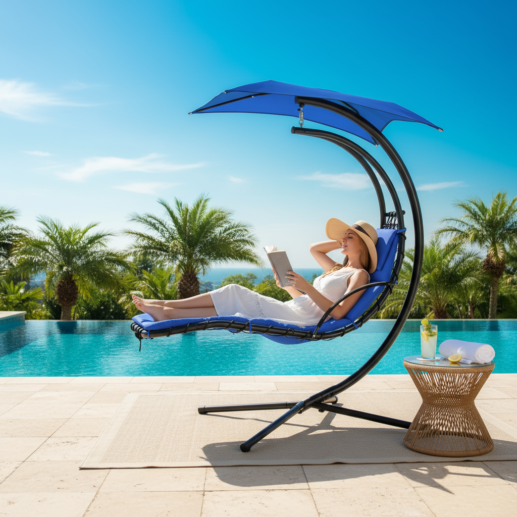 Hanging Chaise Lounger with Removable Canopy, Outdoor Swing Chair with Built-in Pillow, Hanging Curved Chaise Lounge Chair Swing for Patio Porch Poolside, Hammock Chair with Stand (Blue)