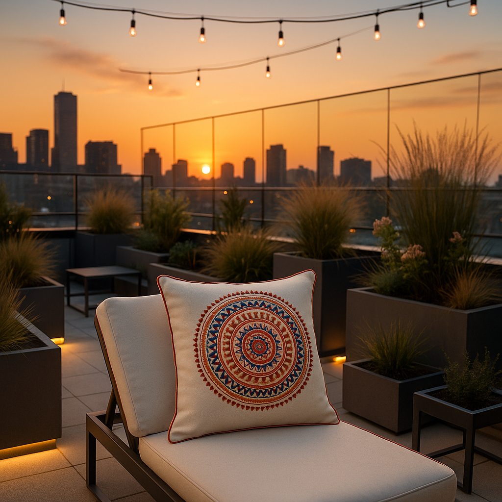 Premium 18" x 18" Beige and Blue Abstract Indoor Outdoor Throw Pillow with Zipper Closure