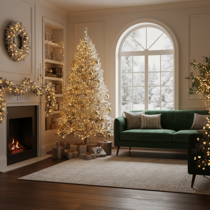 6FT Snow Flocked Christmas Tree Pre Lit Set With Tree Garland Wreath,Artificial Hinged Xmas Tree With Colorful LED Lights8 Lighting Modes, Pine Cones
