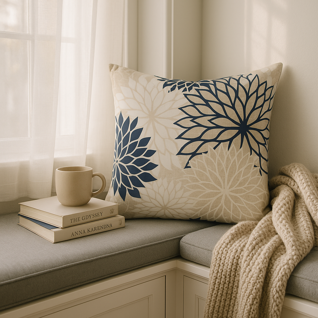 Mordern and stylish 20" Beige Blue and Ivory Floral Indoor Outdoor Throw Pillow