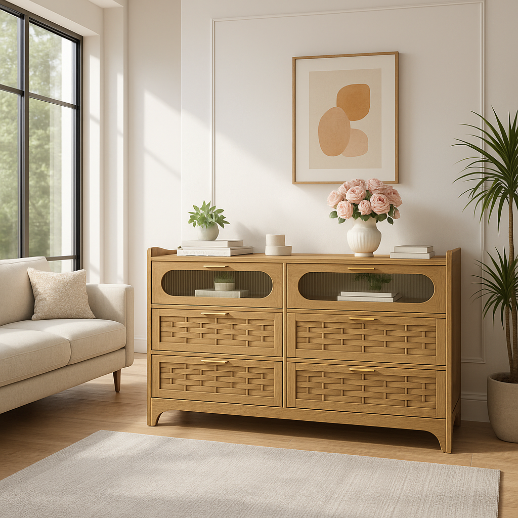 Wood 6 Drawer Dresser for Bedroom, Large Double Dresser with Wide Drawers, Modern Chest of Drawers,Storage Organizer Dresser,Nursery Dresser,for Living Room, Hallway, Bedroom, Kids Bedroom