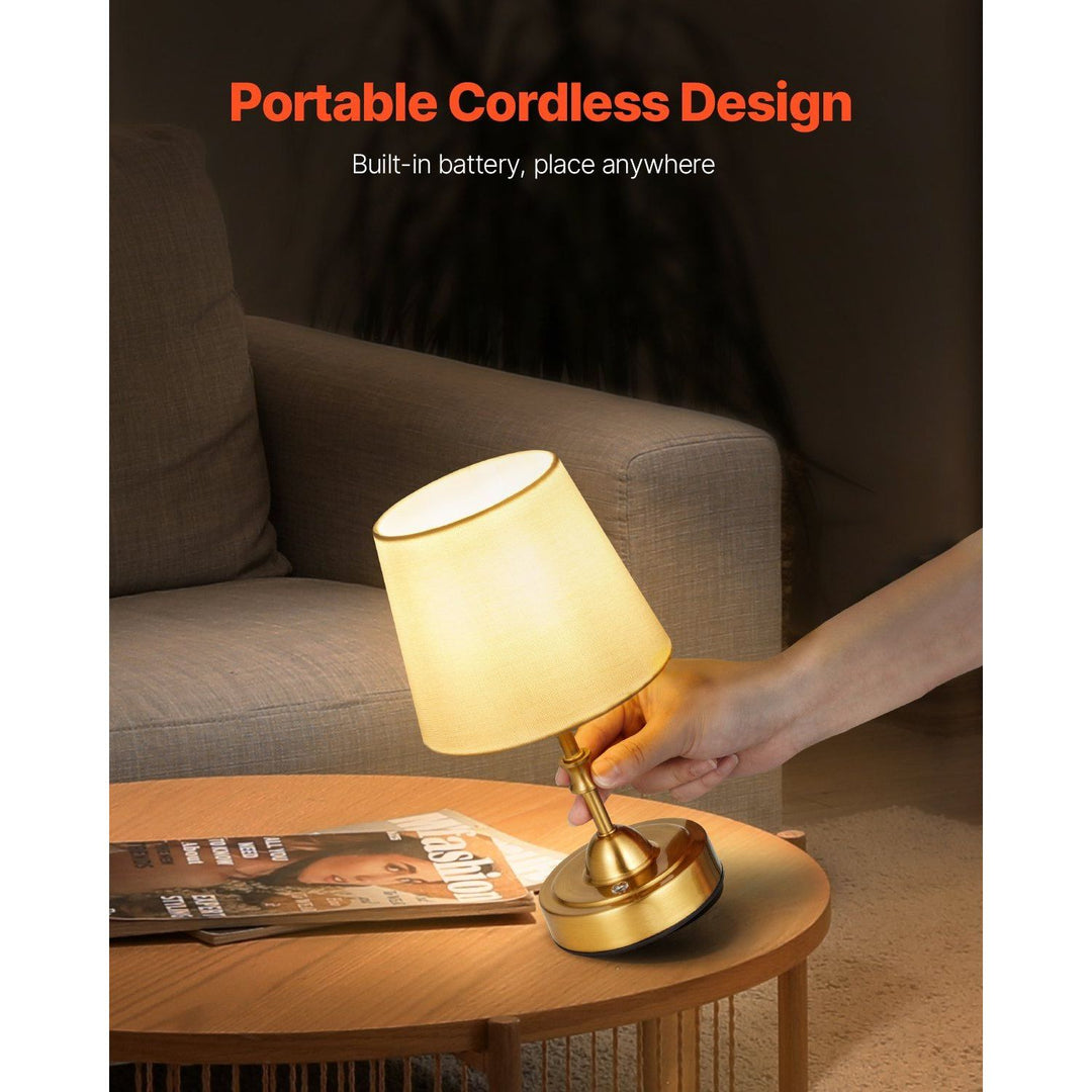 Cordless Gold Small Desk Table Lamp with Fabric Shade Rechargeable Battery Elegant Design