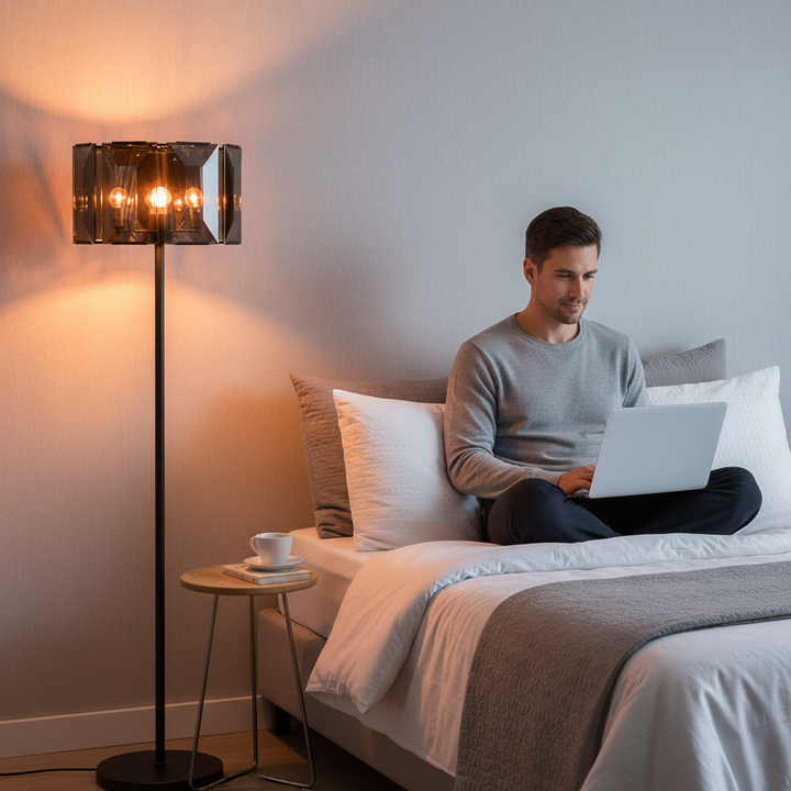 68" Dark Bronze Floor Lamp With Amber Solid Color Beveled Glass Drum Shade