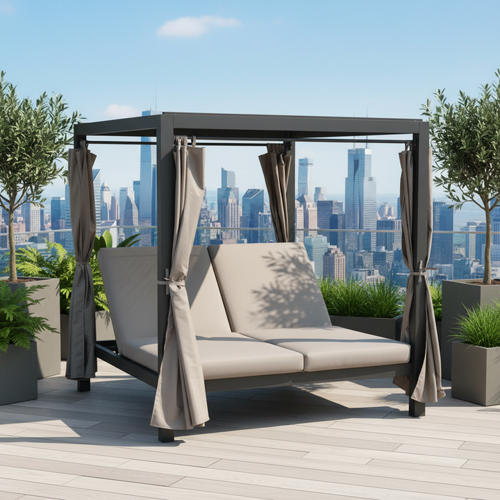 Large Outdoor Daybed Gray - 13.5ft Steel Metal Adjustable Day Bed with Reclining Back, Canopy & Thick Taupe Cushions for Patio