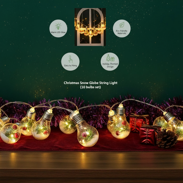 13.78FT Christmas Snow Globe String Light Battery Powered 10 LED Bulbs Indoor Christmas Lights with Pine Needles Snowflakes Berries