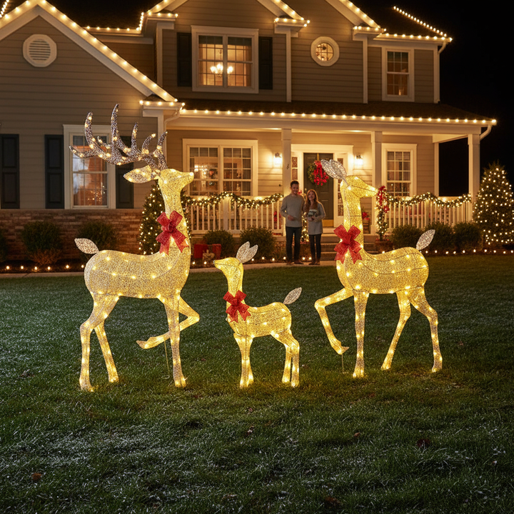4.5ft 3-Piece Light Up Christmas Deer Family Set of 3, Lighted Reindeer Christmas Decorations with 2 LED Light Modes, Stakes, Zip Ties for Indoor, Outdoor, Yard, Lawn