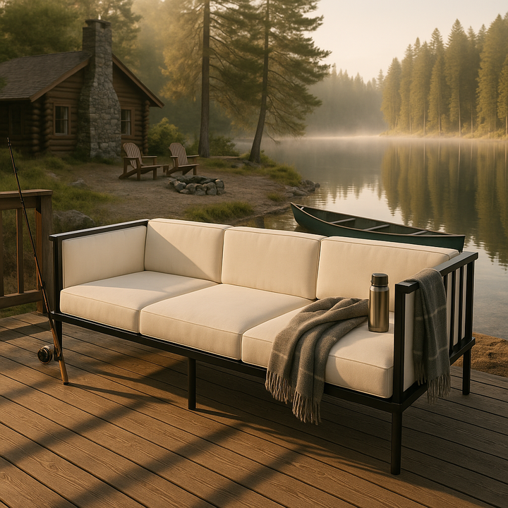 Modern Outdoor Iron Sofa Black - Norway 77"" Patio Furniture with Removable White Cushions & Commercial-Grade Durability