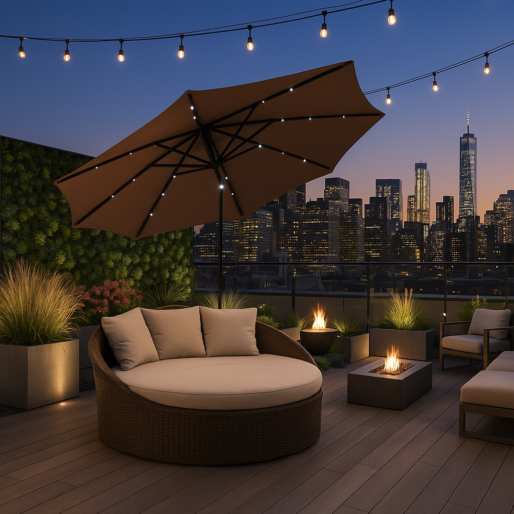 Premium 106" Tan Solar-Powered Market Patio Umbrella with LED Lights and Concrete Base