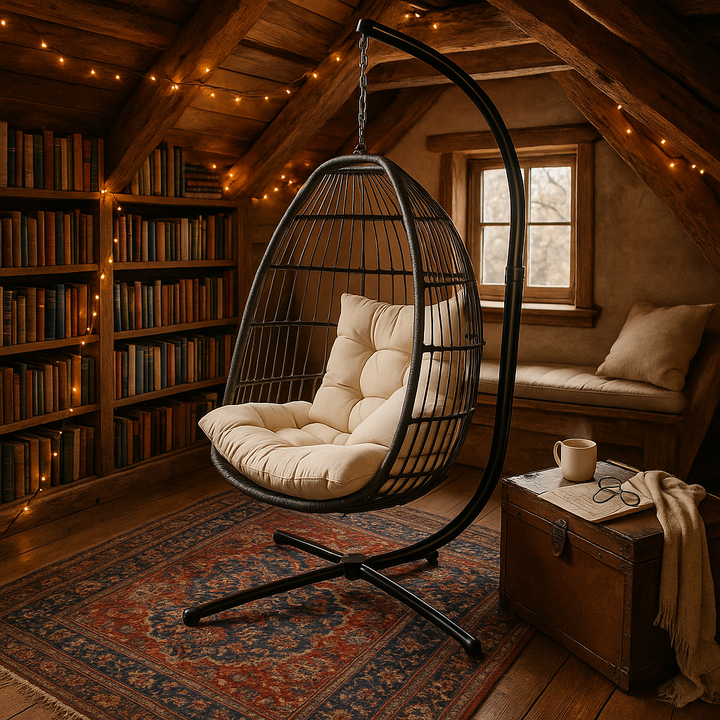 Outdoor Hanging Egg Chair Beige - 2 Person Wicker Patio Swing with Stand, Comfort Cushions & All-Weather Durability