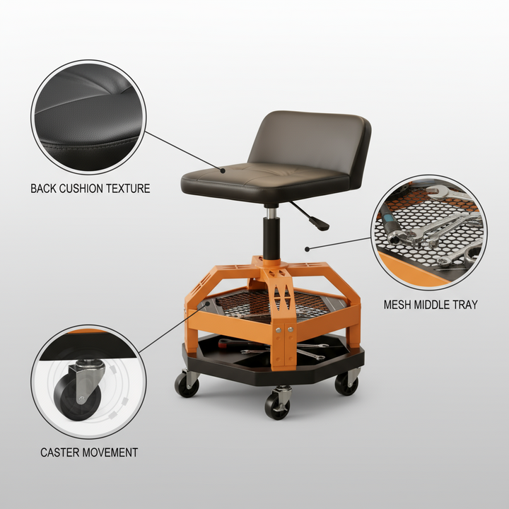 Rolling Garage Mechanic Stool with Tool Tray – Adjustable Height 300 lbs Capacity (Yellow) | Trufairs