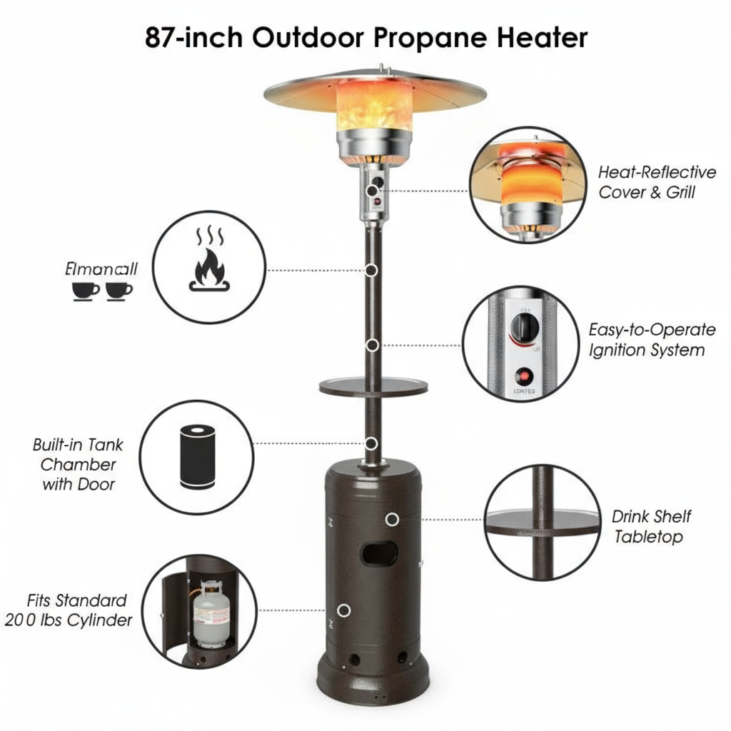 Outdoor Heater Propane Standing LP Gas Steel with Table and Wheels