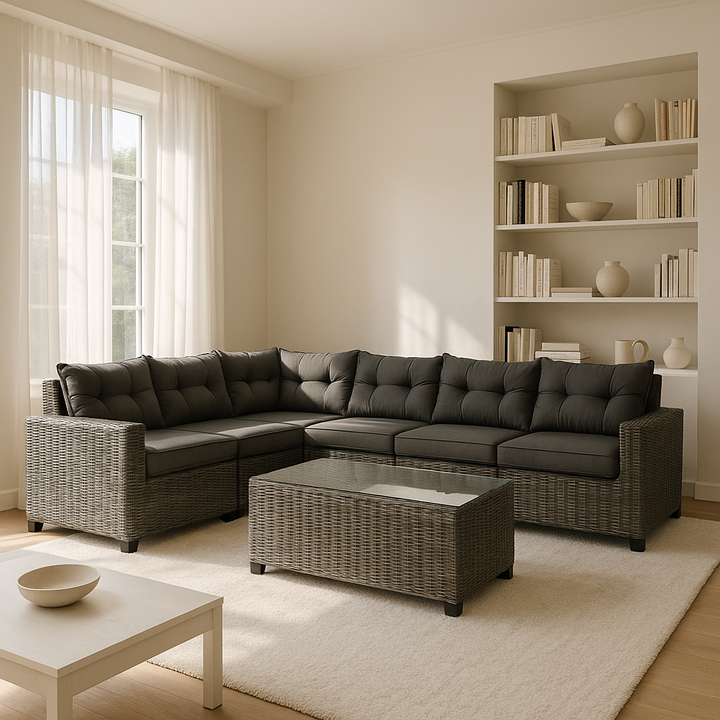 GO 8-Piece Outdoor Wicker Round Sofa Set – All-Weather Half-Moon Sectional with Rectangular Coffee Table & Movable Cushions, Gray