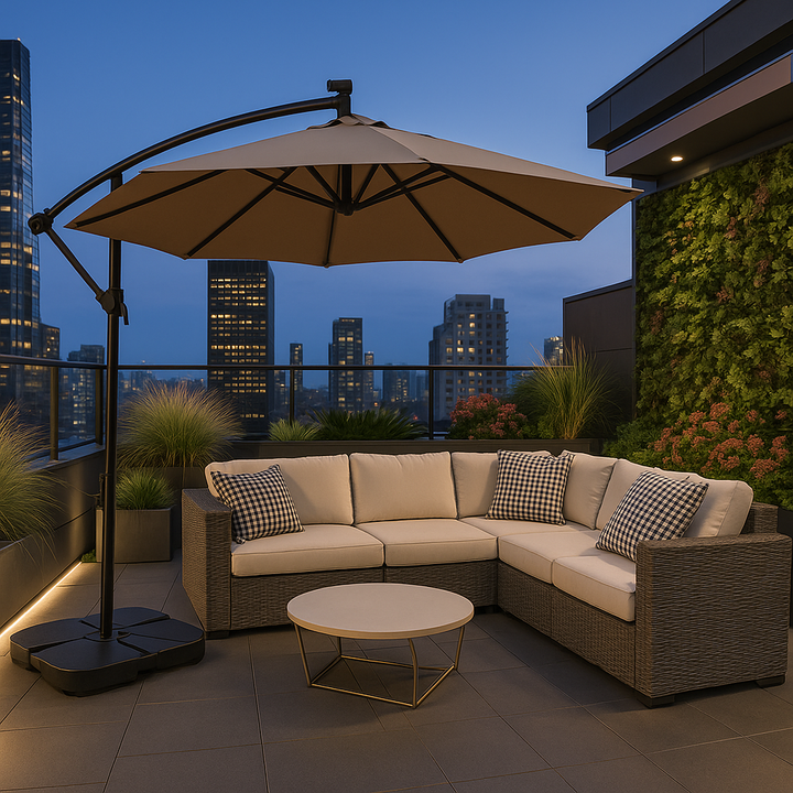 Premium 85" Solar-Powered Cantilever Patio Umbrella with LED Lighting in Elegant Tan