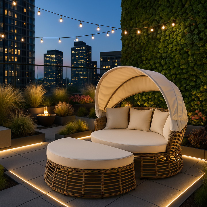 Luxurious 51" Beige Wicker Patio Daybed with Retractable Canopy and Premium Cushion Set