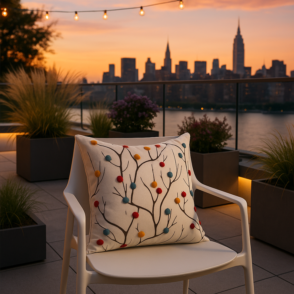 Premium 20" White and Black Coral Indoor Outdoor Throw Pillow with Decorative Pompoms