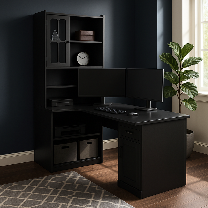 ModernSpace Executive Pro L-Shaped Corner Computer Desk with Integrated Bookshelf Hutch & Storage System — Black