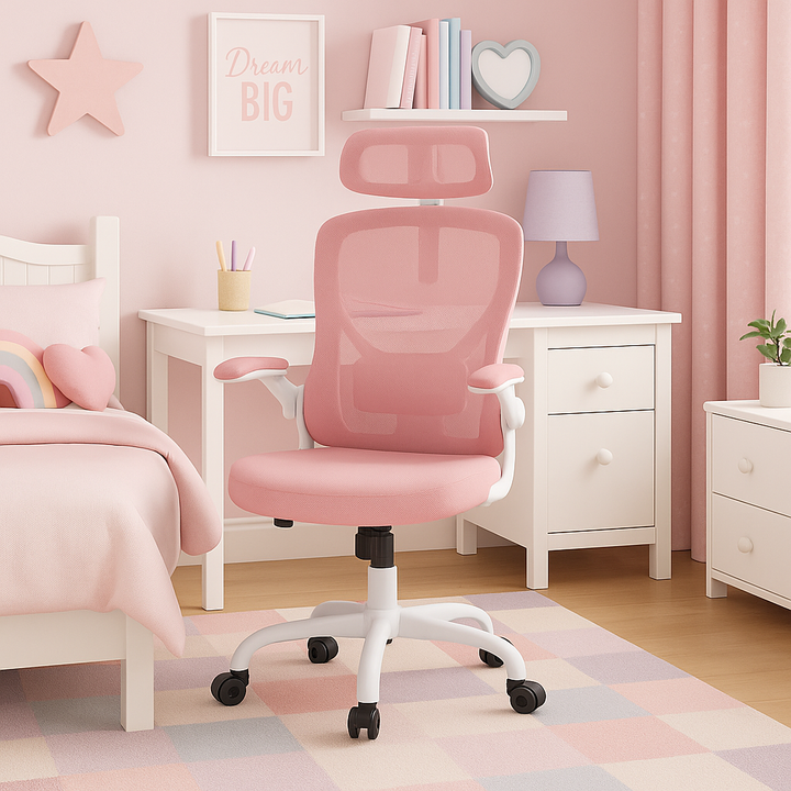 ErgoBliss Pink Mesh Ergonomic Office Chair – Flip-Up Arms, Lumbar Support, Headrest